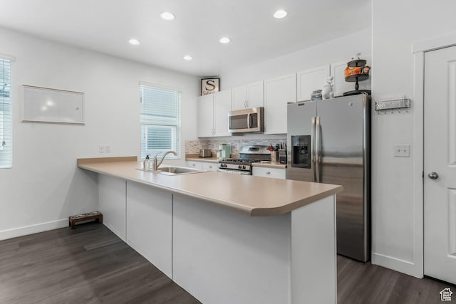 kitchen featuring a sink, appliances with stainless steel finishes, a peninsula, and a wealth of natural light