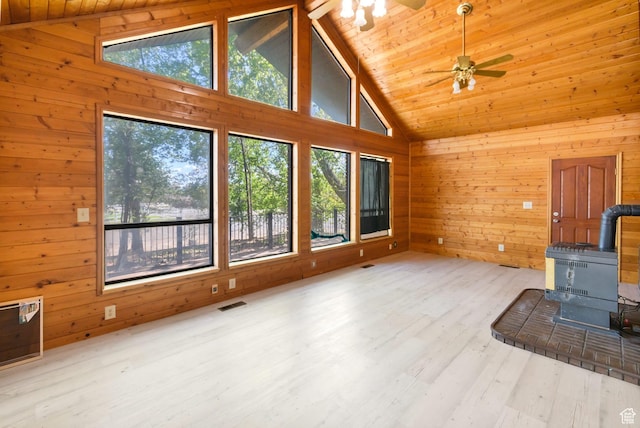 605 E 400 N, Richfield, UT 84701 - unfurnished living room with a wood stove, wood walls, ceiling fan, wood ceiling, and wood finished floors