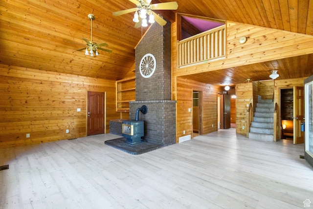 605 E 400 N, Richfield, UT 84701 - unfurnished living room with ceiling fan, wooden ceiling, high vaulted ceiling, a wood stove, and wood walls