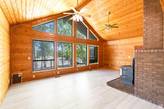 605 E 400 N, Richfield, UT 84701 - unfurnished living room with a wood stove, wooden walls, wood ceiling, wood finished floors, and ceiling fan