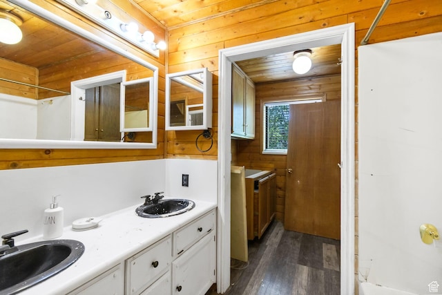 605 E 400 N, Richfield, UT 84701 - bathroom featuring wood finished floors, wood ceiling, and double vanity