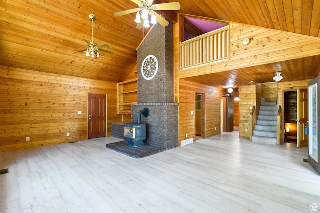 605 E 400 N, Richfield, UT 84701 - unfurnished living room with a wood stove, ceiling fan, wood ceiling, high vaulted ceiling, and wooden walls