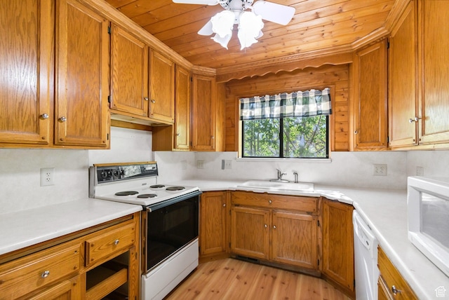 605 E 400 N, Richfield, UT 84701 - kitchen featuring white appliances, a sink, wooden ceiling, and brown cabinetry