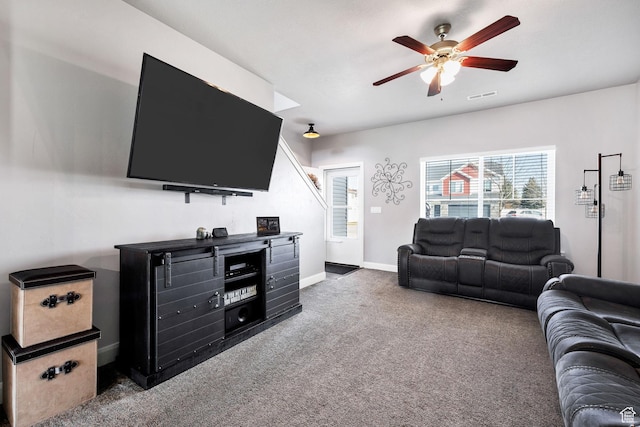 802 W 1060 S, Logan, UT 84321 - carpeted living room with baseboards, visible vents, and a ceiling fan