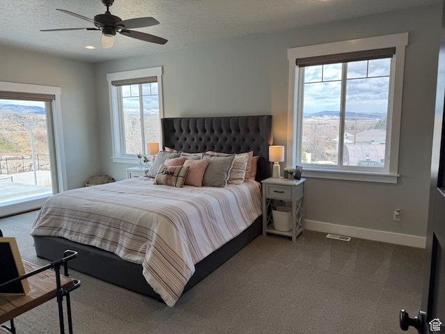 142 S 3500 W, Maeser, UT 84078 - bedroom featuring carpet, baseboards, a textured ceiling, visible vents, and ceiling fan