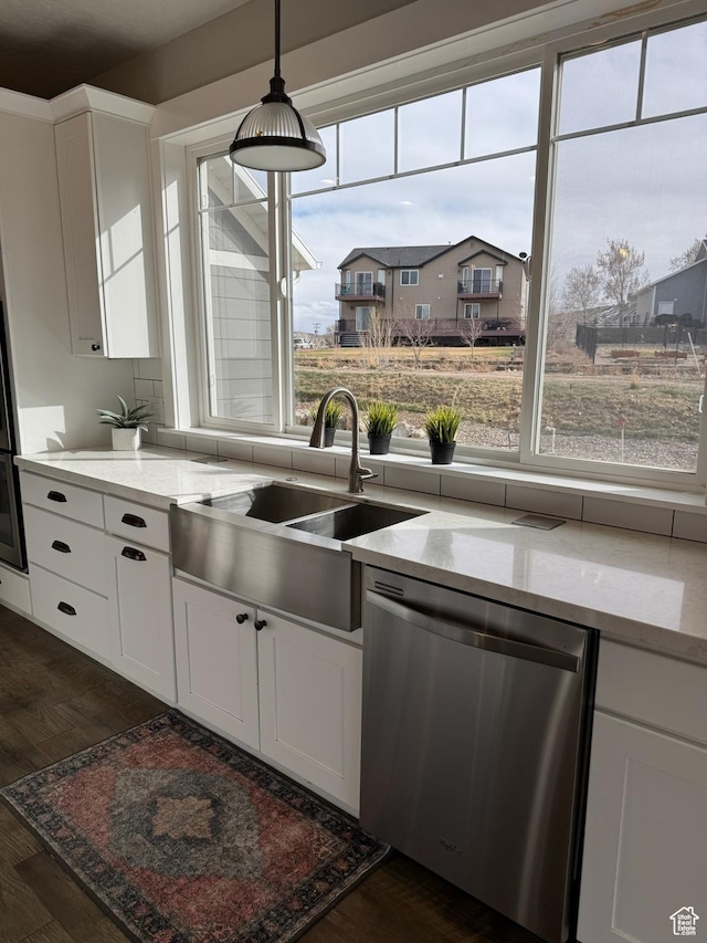 142 S 3500 W, Maeser, UT 84078 - kitchen with a sink, stainless steel dishwasher, white cabinets, wall oven, and dark wood-type flooring