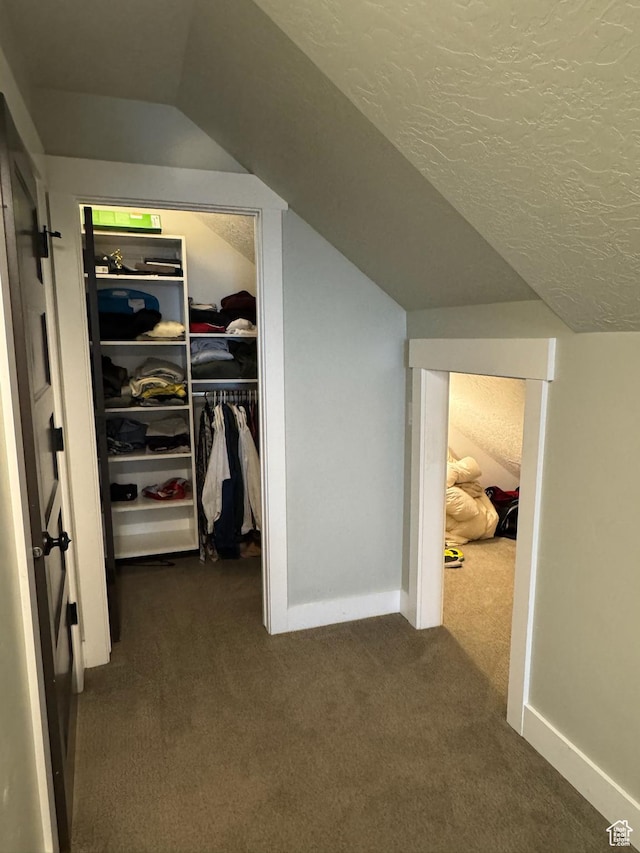 142 S 3500 W, Maeser, UT 84078 - bedroom with dark colored carpet, lofted ceiling, baseboards, a textured ceiling, and a closet
