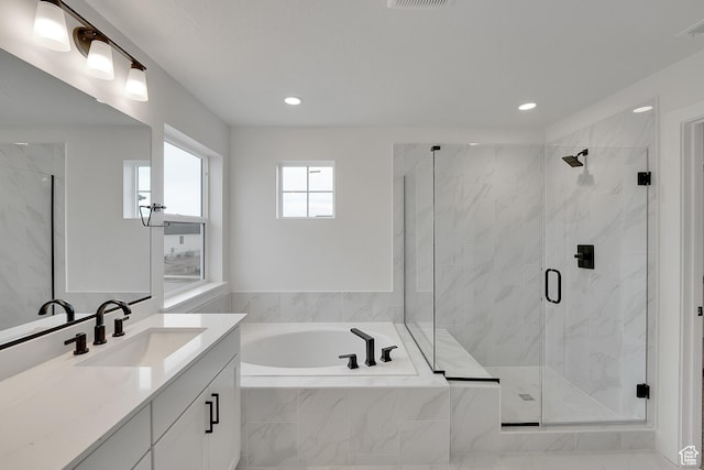 6161 W Teton Ranch Dr Unit 342, Herriman, UT 84096 - full bath with a garden tub, vanity, a marble finish shower, and recessed lighting