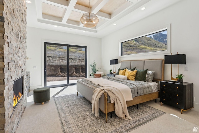 13042 N Prospector Way, Alpine, UT 84004 - carpeted bedroom with access to exterior, beam ceiling, a stone fireplace, recessed lighting, and coffered ceiling