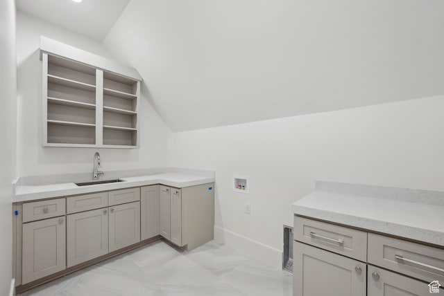13042 N Prospector Way, Alpine, UT 84004 - laundry area featuring washer hookup, light marble finish floors, baseboards, and cabinet space