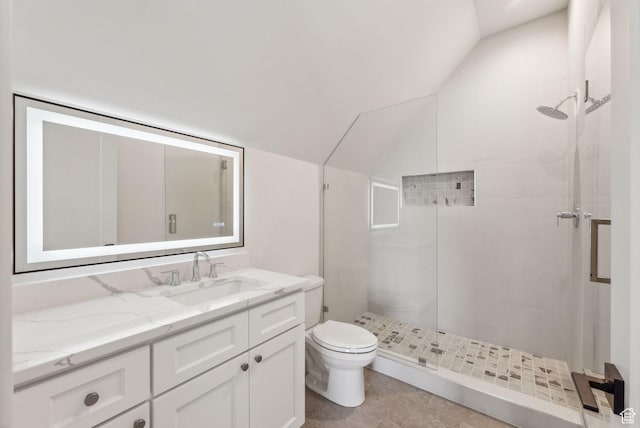 13042 N Prospector Way, Alpine, UT 84004 - full bathroom featuring lofted ceiling, a stall shower, vanity, and toilet