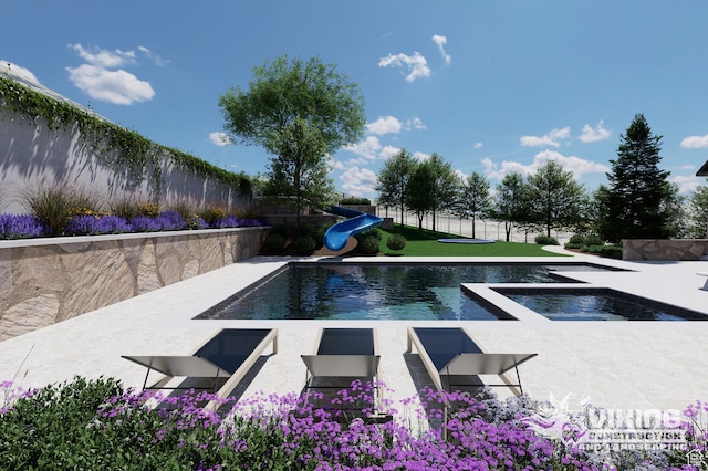 13042 N Prospector Way, Alpine, UT 84004 - view of swimming pool with an in-ground hot tub, a water slide, a fenced backyard, and a patio