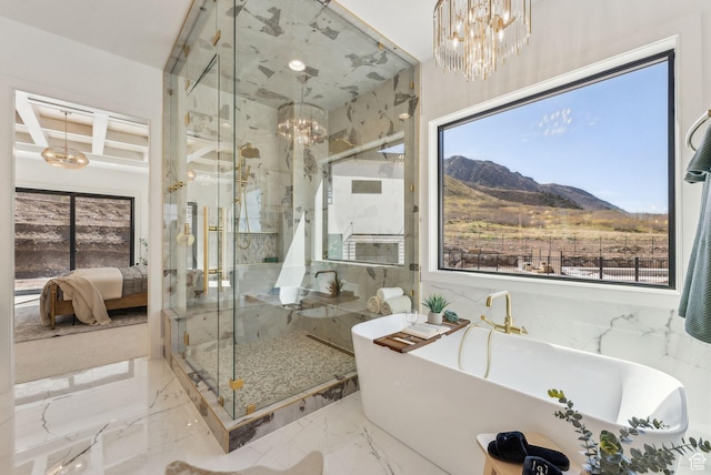 13042 N Prospector Way, Alpine, UT 84004 - full bathroom with a chandelier, a soaking tub, marble tiled floors, a marble finish shower, and ensuite bathroom