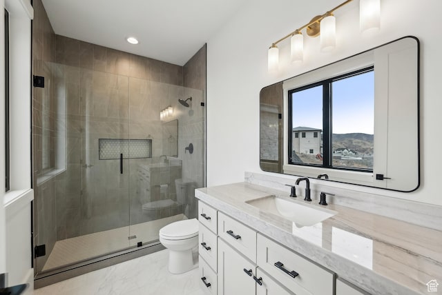 13042 N Prospector Way, Alpine, UT 84004 - full bath featuring toilet, vanity, a shower stall, marble finish flooring, and recessed lighting