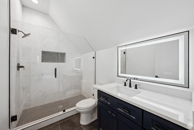 13042 N Prospector Way, Alpine, UT 84004 - bathroom with toilet, a marble finish shower, vanity, and lofted ceiling