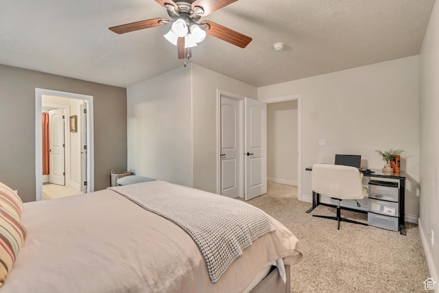 12483 N Timberline Dr, Highland, UT 84003 - bedroom with ensuite bath, baseboards, light colored carpet, and ceiling fan
