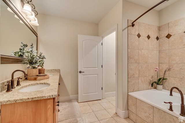 12483 N Timberline Dr, Highland, UT 84003 - bathroom with tiled shower, vanity, tiled tub, tile patterned flooring, and baseboards