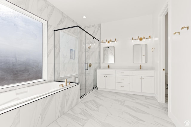 1522 N Zion Cir, Apple Valley, UT 84737 - bathroom with a sink, a marble finish shower, a bath, marble finish floor, and double vanity