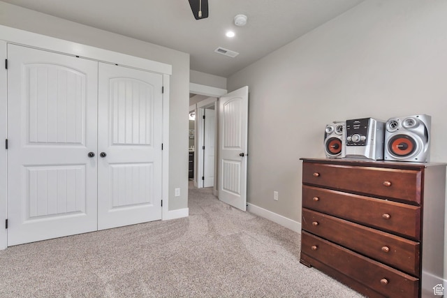 13907 S Birch Leaf W, Herriman, UT 84096 - bedroom with a closet, light carpet, baseboards, visible vents, and ceiling fan
