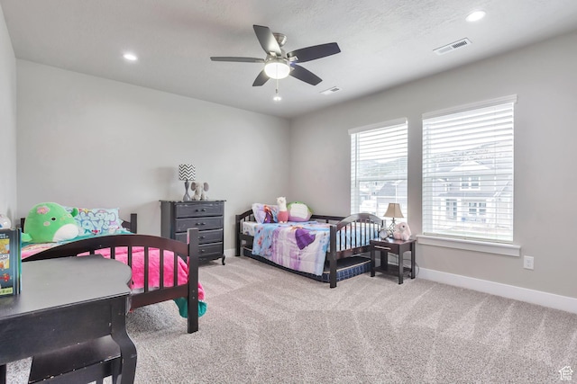 13907 S Birch Leaf W, Herriman, UT 84096 - bedroom featuring carpet flooring, baseboards, visible vents, ceiling fan, and recessed lighting