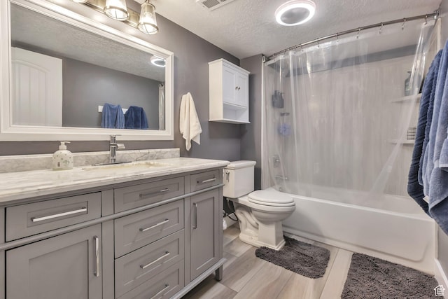 13907 S Birch Leaf W, Herriman, UT 84096 - full bath with vanity, toilet, a textured ceiling, visible vents, and shower / bath combo with shower curtain