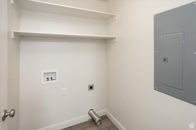 250 W 1200 S Unit 118, Tremonton, UT 84337 - clothes washing area featuring electric panel, baseboards, wood finished floors, laundry area, and hookup for an electric dryer