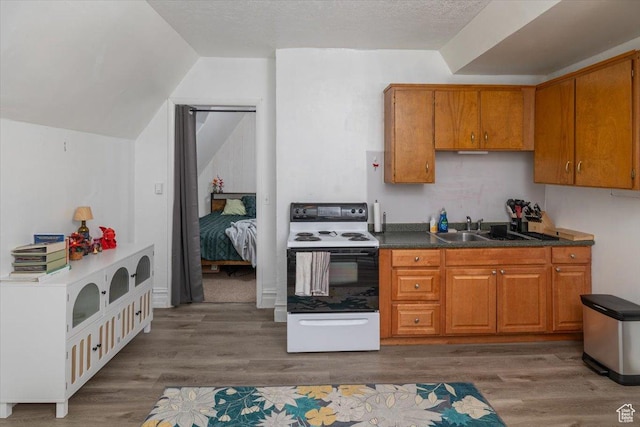 263 W Center St, Logan, UT 84321 - kitchen featuring brown cabinets, range with electric stovetop, a sink, and dark wood-type flooring
