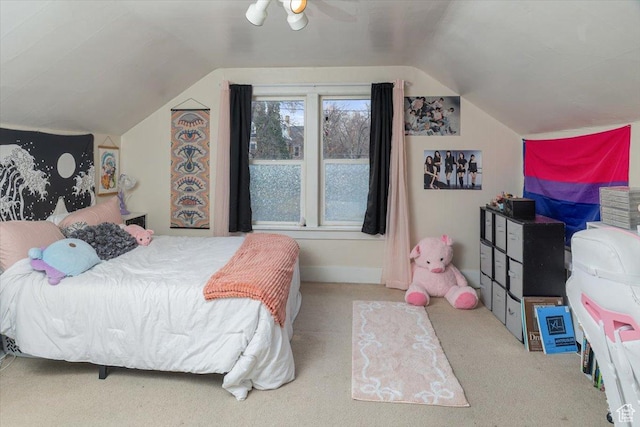 263 W Center St, Logan, UT 84321 - carpeted bedroom featuring vaulted ceiling and a ceiling fan