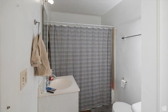 263 W Center St, Logan, UT 84321 - bathroom featuring shower / bath combo, a textured ceiling, toilet, and vanity