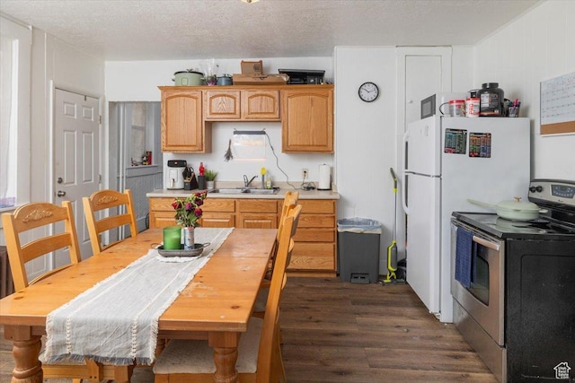263 W Center St, Logan, UT 84321 - kitchen with a textured ceiling, light countertops, a sink, dark wood-style floors, and electric range