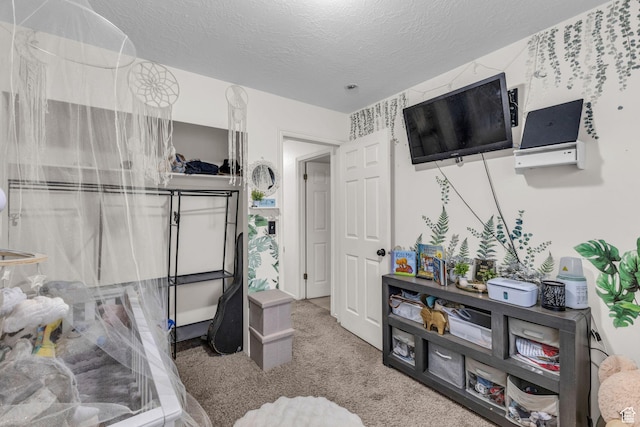 bedroom with a textured ceiling and carpet floors