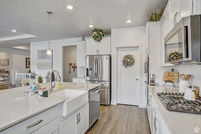 1002 E 2680 S, Heber City, UT 84032 - kitchen featuring hanging light fixtures, white cabinetry, stainless steel appliances, and light wood finished floors