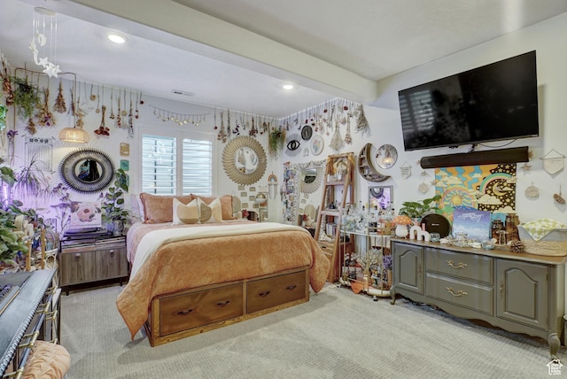 1002 E 2680 S, Heber City, UT 84032 - bedroom with visible vents, light carpet, recessed lighting, and beam ceiling