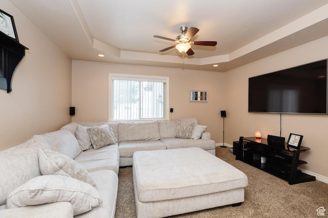 787 S 2nd W, Preston, ID 83263 - living room featuring carpet, baseboards, recessed lighting, a ceiling fan, and a tray ceiling