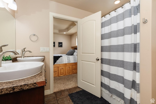 787 S 2nd W, Preston, ID 83263 - bathroom with tile patterned flooring, a sink, ensuite bath, double vanity, and curtained shower