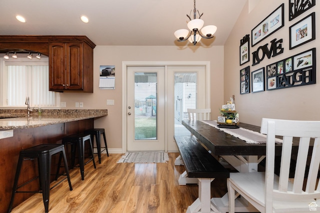 787 S 2nd W, Preston, ID 83263 - dining space with baseboards, light wood-style floors, recessed lighting, and an inviting chandelier