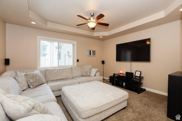787 S 2nd W, Preston, ID 83263 - carpeted living area with a ceiling fan, a tray ceiling, baseboards, and recessed lighting