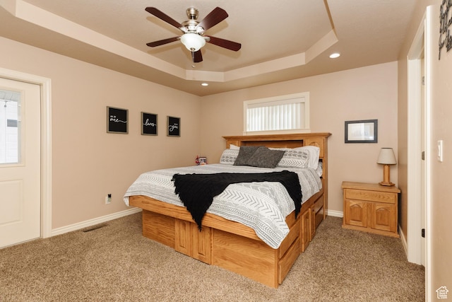 787 S 2nd W, Preston, ID 83263 - bedroom featuring baseboards, a tray ceiling, recessed lighting, and light colored carpet