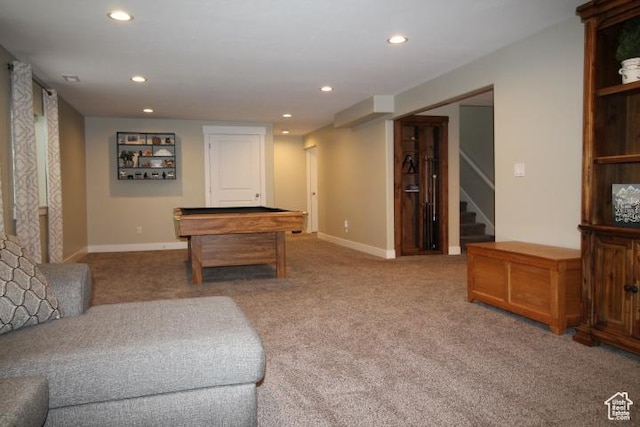 987 W 880 N, American Fork, UT 84003 - living room featuring carpet, baseboards, stairs, recessed lighting, and pool table