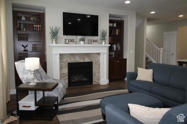 987 W 880 N, American Fork, UT 84003 - living room with a high end fireplace, recessed lighting, stairway, and wood finished floors