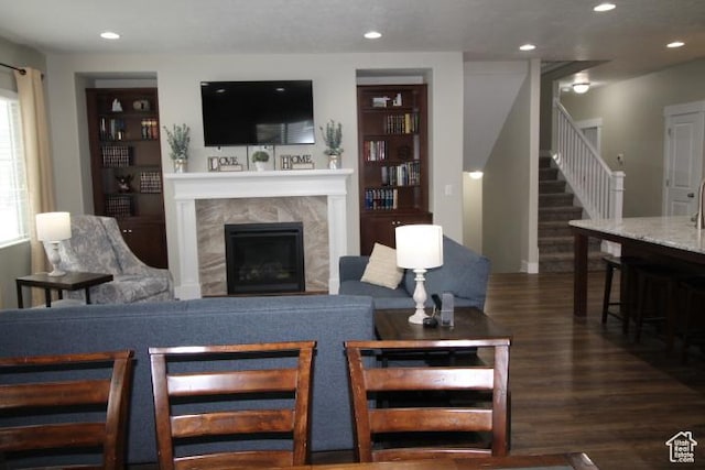 987 W 880 N, American Fork, UT 84003 - living area with recessed lighting, stairs, wood finished floors, and a high end fireplace