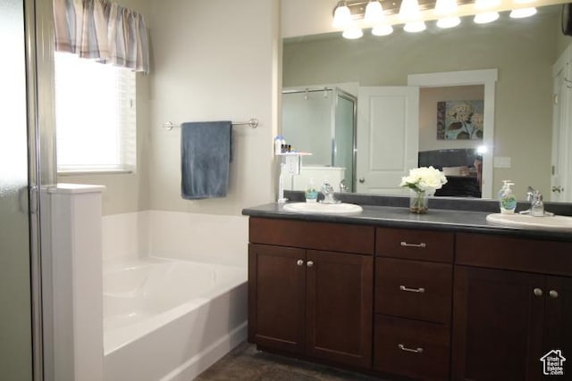 987 W 880 N, American Fork, UT 84003 - bathroom with double vanity, a sink, a garden tub, and a shower stall