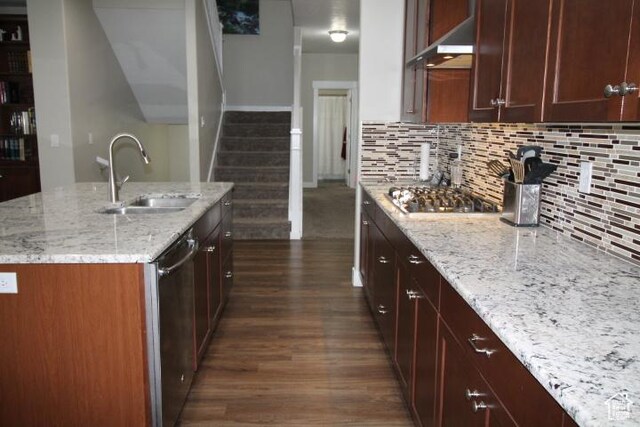 987 W 880 N, American Fork, UT 84003 - kitchen featuring dishwasher, a sink, light stone counters, wall chimney range hood, and black stovetop