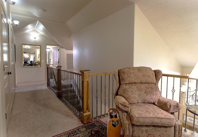 931 E Bramble Way, Washington, UT 84780 - living area with lofted ceiling, an upstairs landing, carpet floors, and a textured ceiling