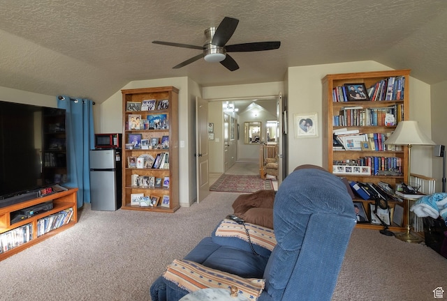 931 E Bramble Way, Washington, UT 84780 - carpeted living area with lofted ceiling, ceiling fan, and a textured ceiling