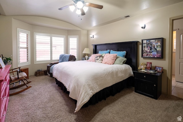 931 E Bramble Way, Washington, UT 84780 - bedroom featuring ceiling fan, visible vents, vaulted ceiling, and light carpet