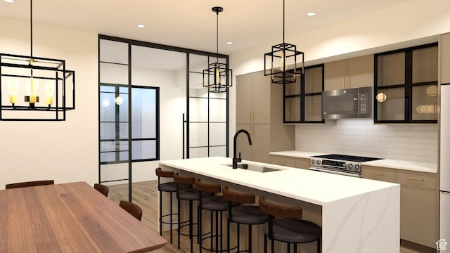 4350 S 900 E, Millcreek, UT 84124 - kitchen with decorative backsplash, modern cabinets, a center island with sink, appliances with stainless steel finishes, and a sink