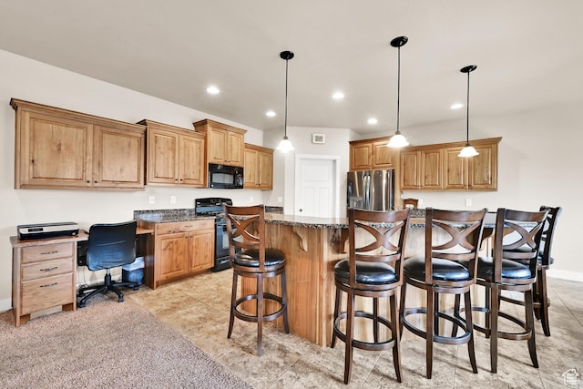 3182 N 1350 W, Pleasant View, UT 84414 - kitchen featuring black appliances, a breakfast bar, pendant lighting, a kitchen island, and recessed lighting