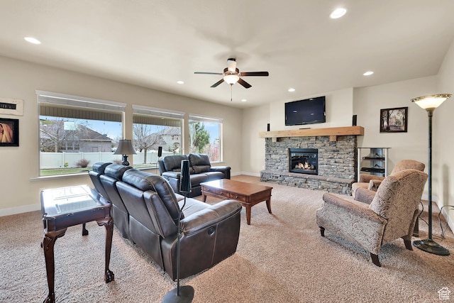 3182 N 1350 W, Pleasant View, UT 84414 - living room featuring carpet floors, recessed lighting, ceiling fan, and a stone fireplace