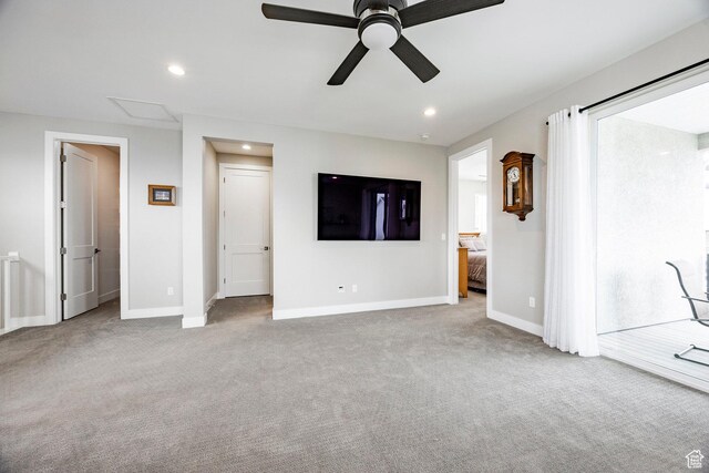 14902 S Fawley Ln, Herriman, UT 84096 - unfurnished living room featuring baseboards, carpet, a ceiling fan, and recessed lighting